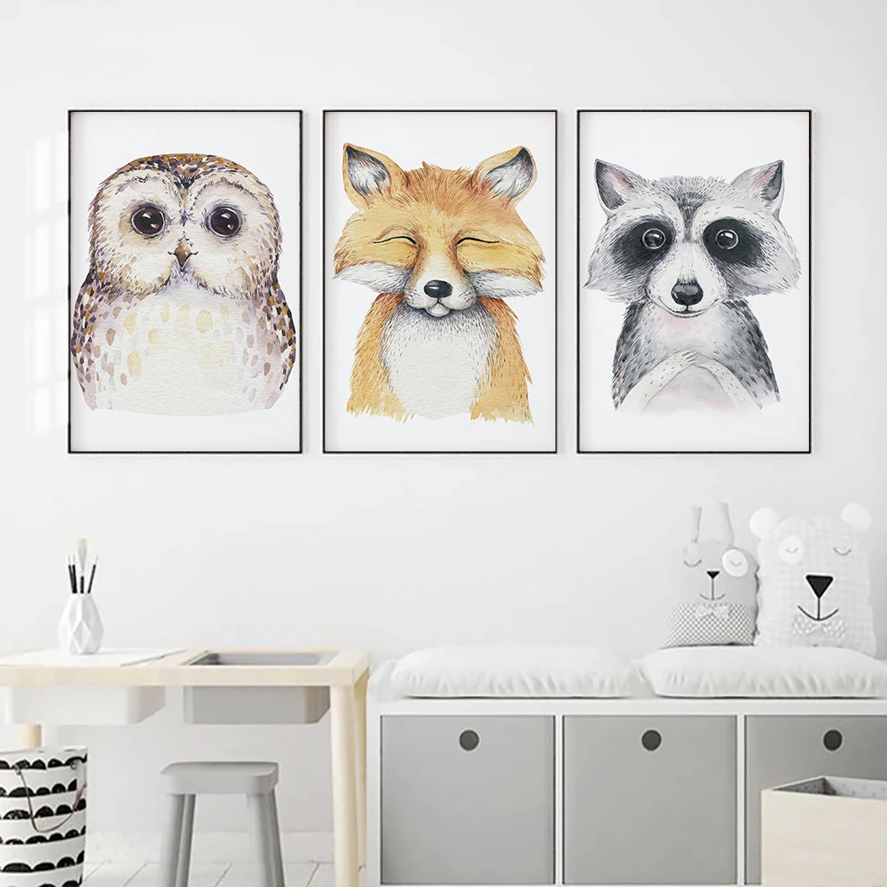 

Modern Animals Poster Fox Racoon Owl Canvas Painting Kids Art Print Children Playroom Wall Picture For Living Room Home Decor