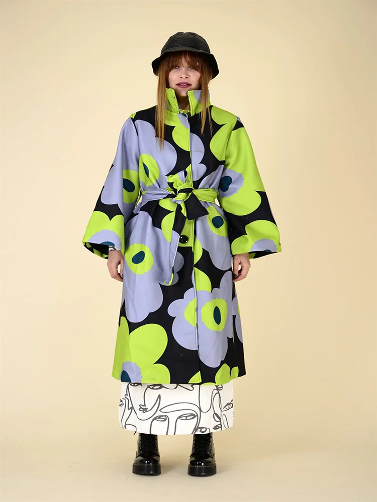 Large Floral Patterned Peanut Green Color High Textured Cachet Fabric Long Winter Coat 2022 New Fashion Women's Outwear