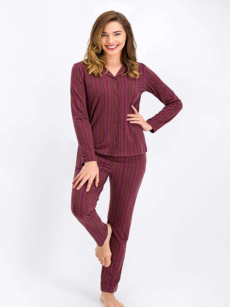 Ethnic Patterned Modal Fabric Burgundy Color Full Sleeve Length Buttoned Shirt And Pants 2 Pieces Women's Winter Pajamas Set