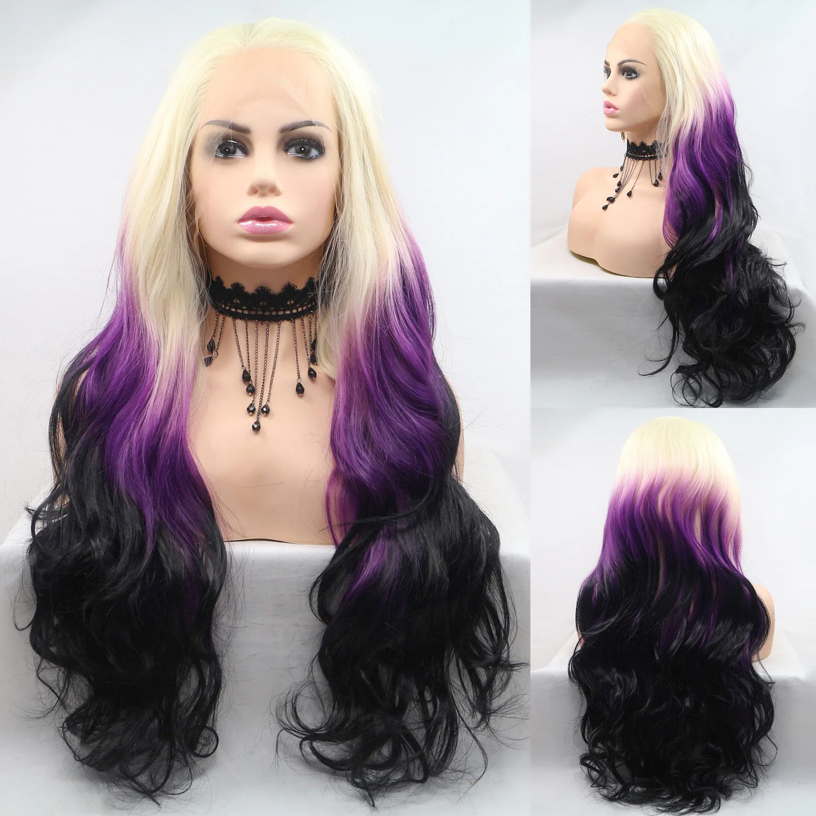 LVHAN Synthetic Front Lace Purple Black Gradient Long Curly Wig Ombre Cosplay Wigs Synthetic Front Lace Wigs For Black Women