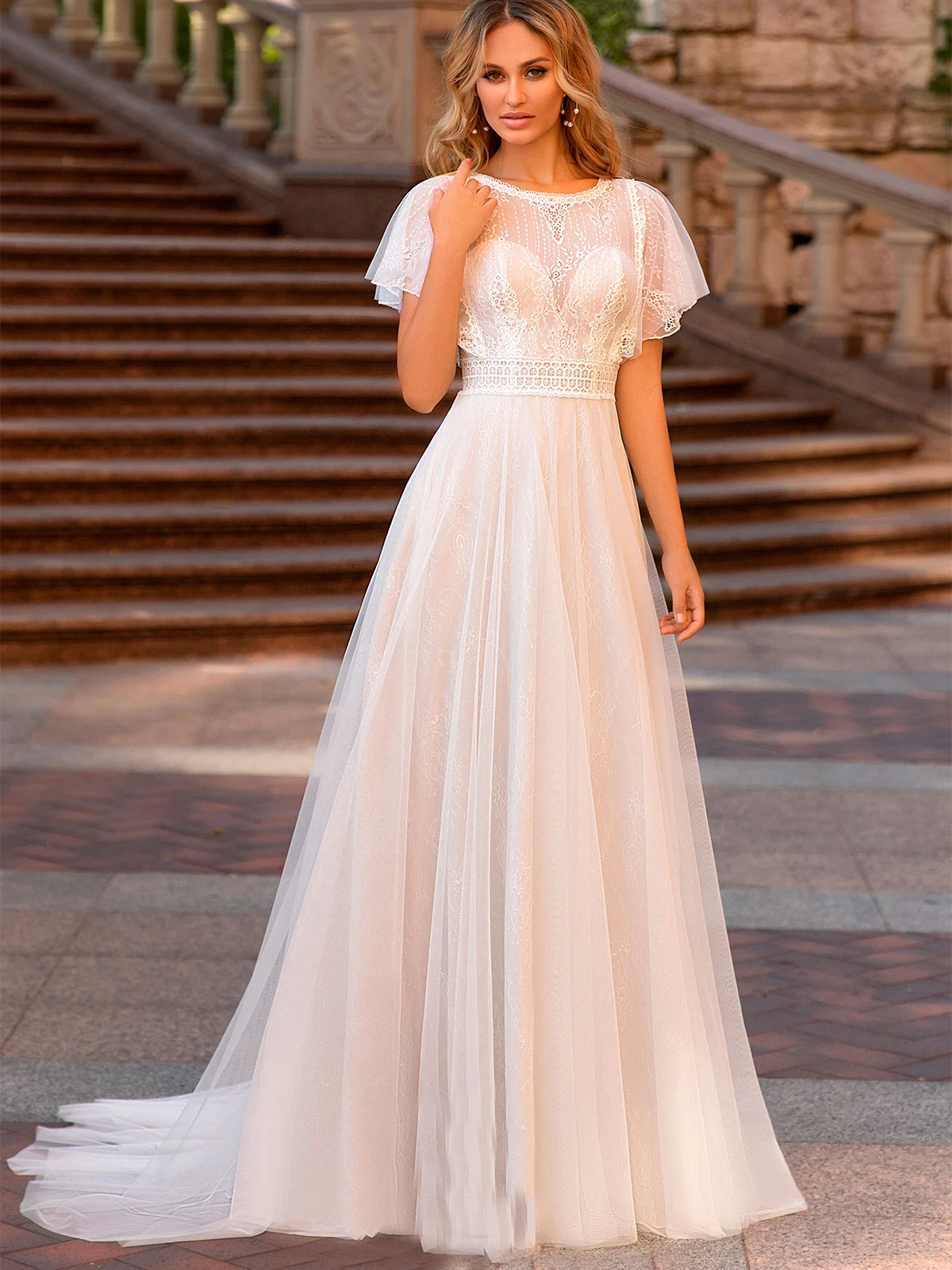 Boho полное кружево вырез лодочкой пляжное свадебное платье 2021 элегантные Кепки