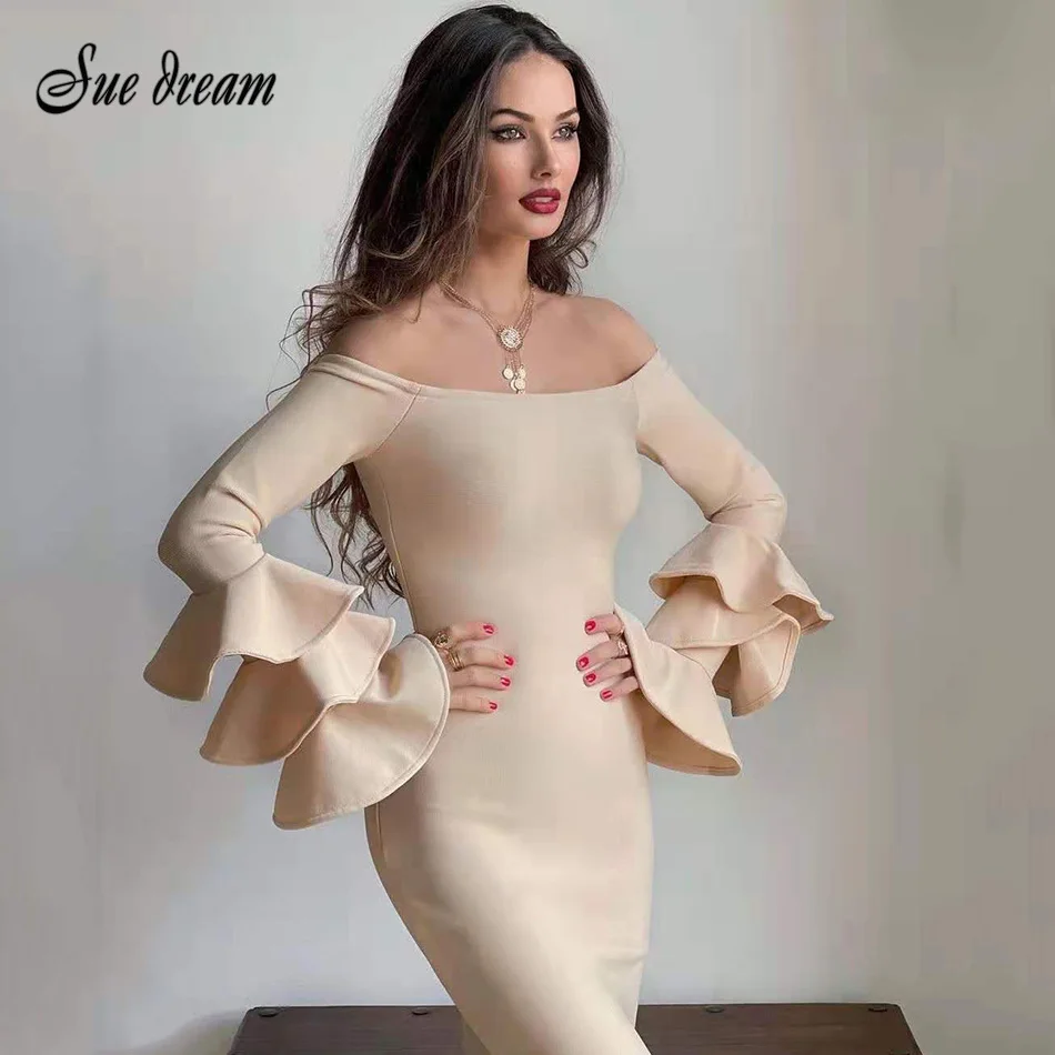 

Sexy Slash Neck Ruffled Long Sleeve Bodycon Bandage Dress 2021 Summer Elegant Apricot Club Evening Party Mini Dress vestido