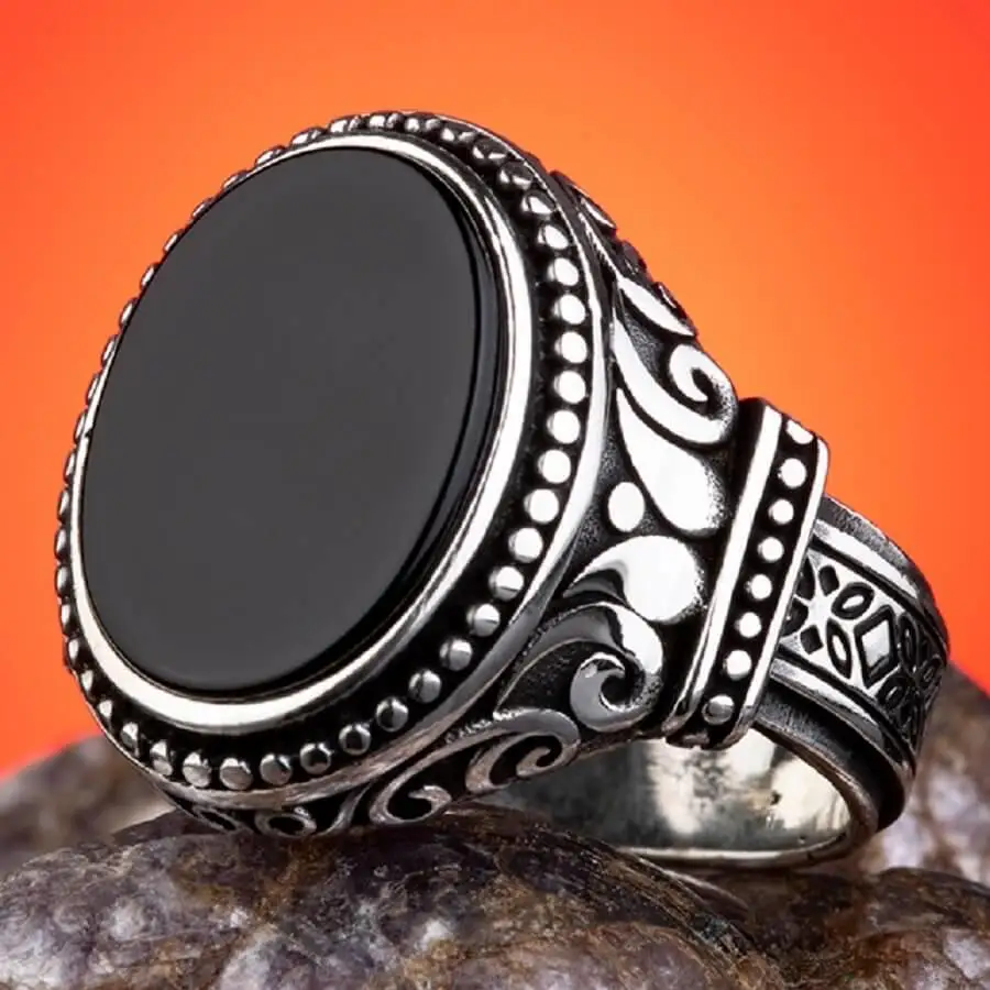 Silver Oval Black Onyx Gemstone Plain Model Men Ring Vintage Handmade Jewelry High For Gifts Accessories Fashion Retro Luxury