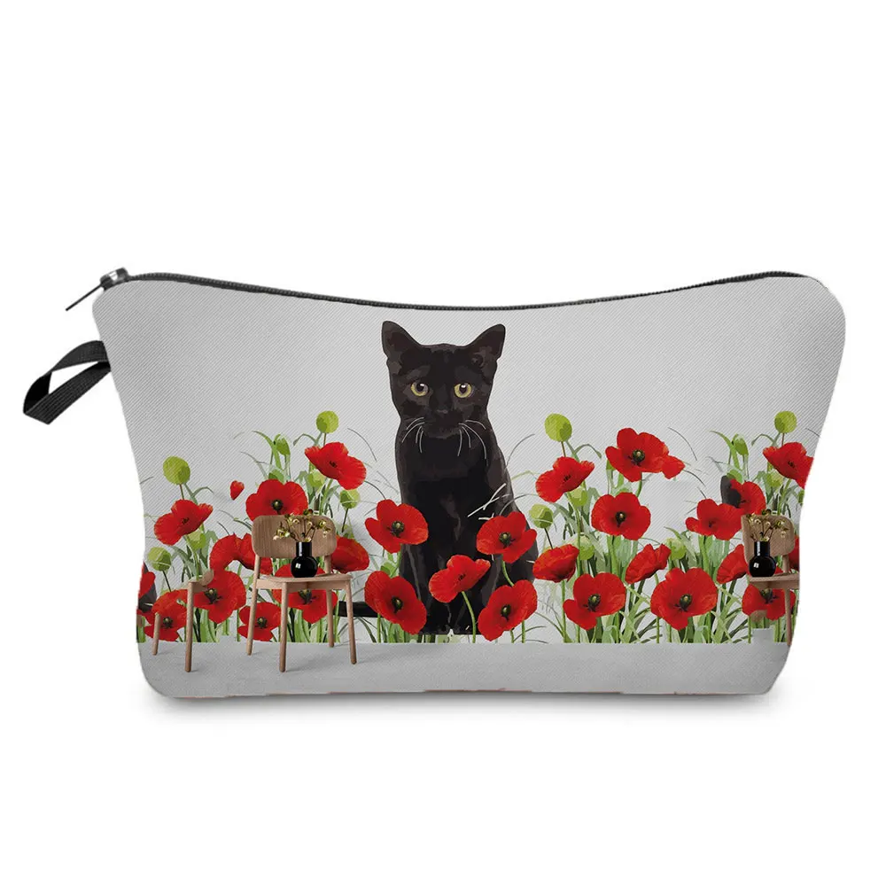 

Black Cat Double Sided Printed Cosmetic Bag Red Floral Women Makeup Bag Cool Fashion Storage Bags Ladies Toiletry Bag Portable