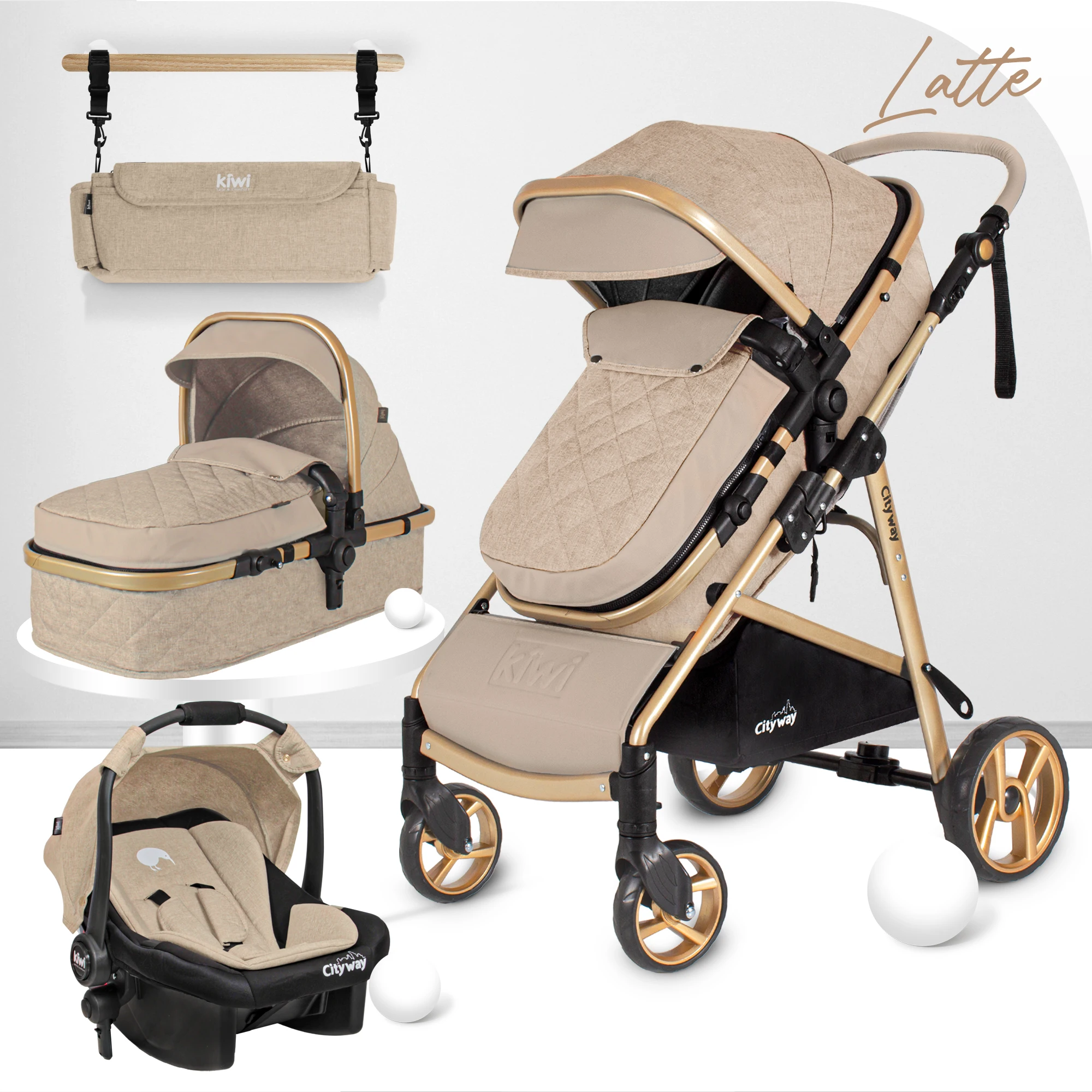 

Детская прогулочная коляска 5 в 1 Jaju Baby Kiwi City Way, переносное сиденье, сумка для кормления, дождевик-латте