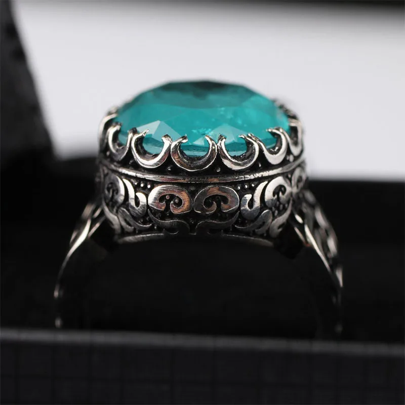 

Huge Paraiba Light Green Man Silver Handmade Ring, Paraiba Tourmaline Silver Man Ring