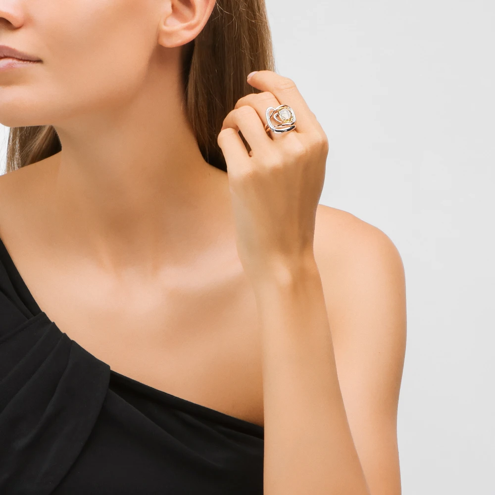 Золотое кольцо с кварцем и фианитами SUNLIGHT проба 585 | Украшения аксессуары