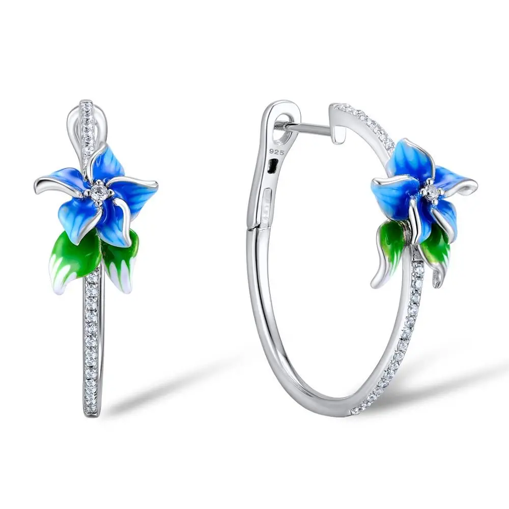 

Blue Flower Sparkling Hoop Earrings