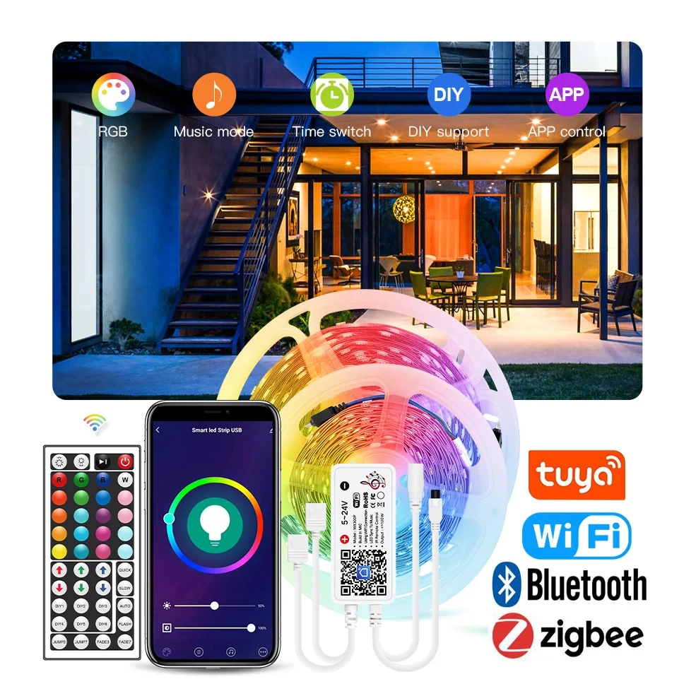 Умная Светодиодная лента Zigbee, Bluetooth, Wi-Fi, подсветильник ка для телевизора, 12 В постоянного тока, SMD5050, RGB, многоцветная лента для декора комнаты - изображение