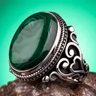 Кольцо мужское серебряное ручной работы с зеленым малахатным камнем