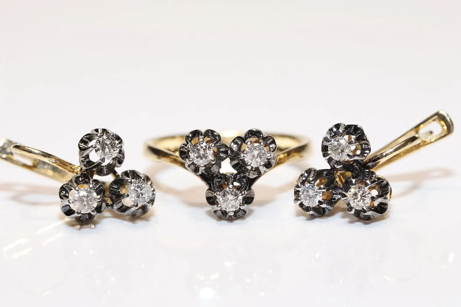 

Old original Russian Soviet Vintage 18k Gold Natural Diamond Decorated Ring And Earring Set