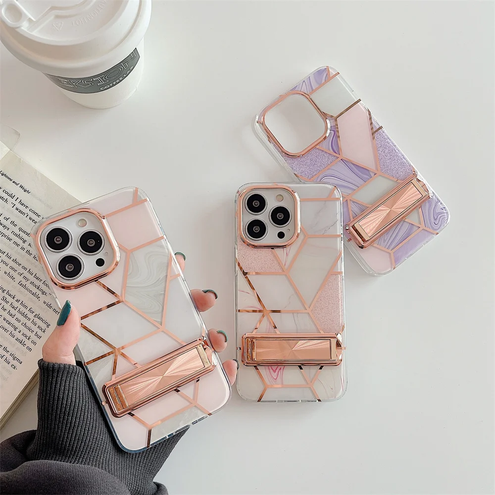 

Electroplated Geometric Marble Phone Case For iPhone 13 12 11 Pro Max XR XS Max 7 8 Plus Soft Back Cover Coque With Bracket