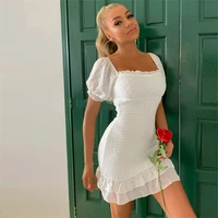 sexy white dress puff sleeves cotton mini dress square collar women bodycon solid sweet backless night club party dress vestidos