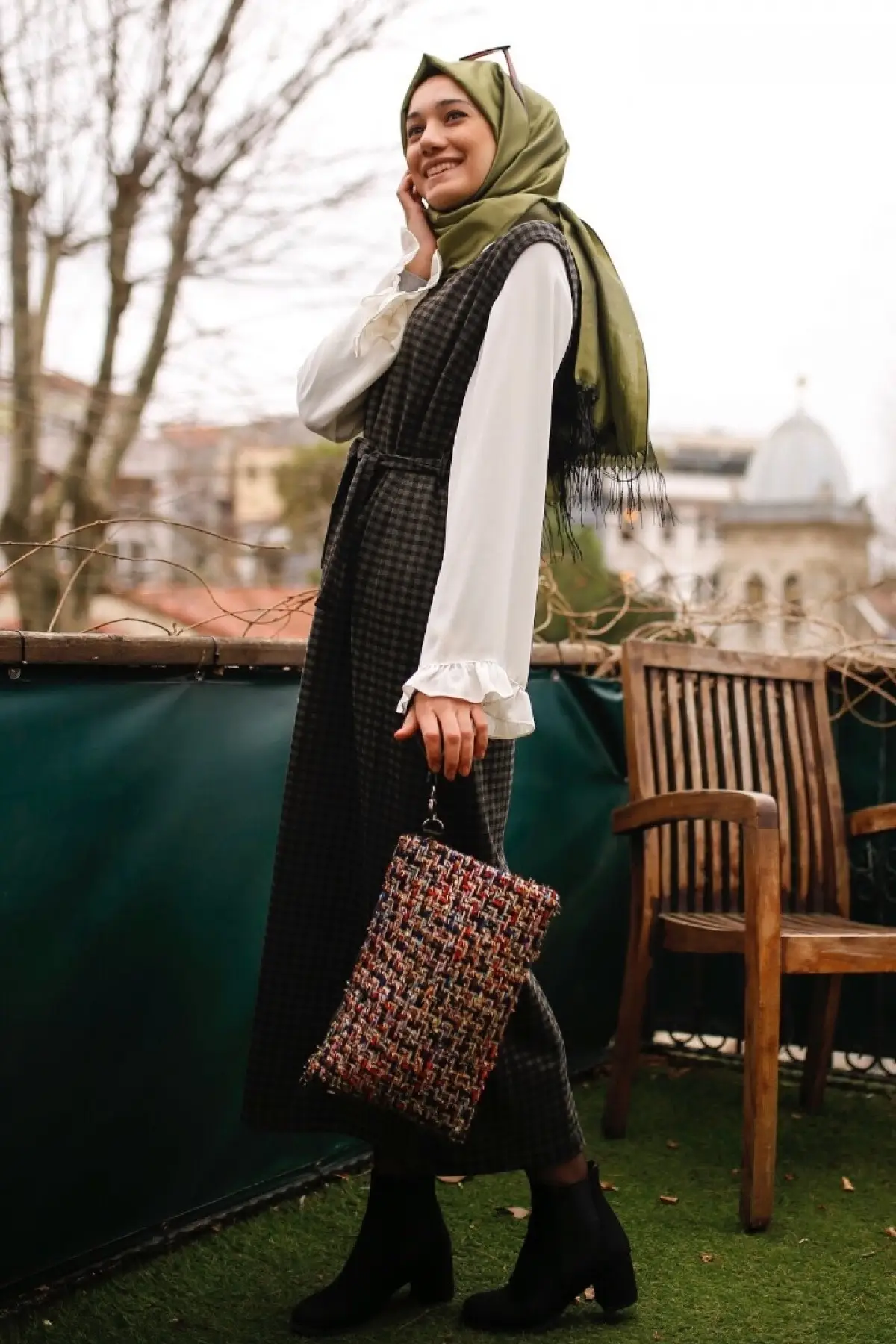 

Square Pattern Khaki Color Dress Abaya Dubai Turkey Muslim Fashion Hijab Dress Islamic African Dress For Women Muslim