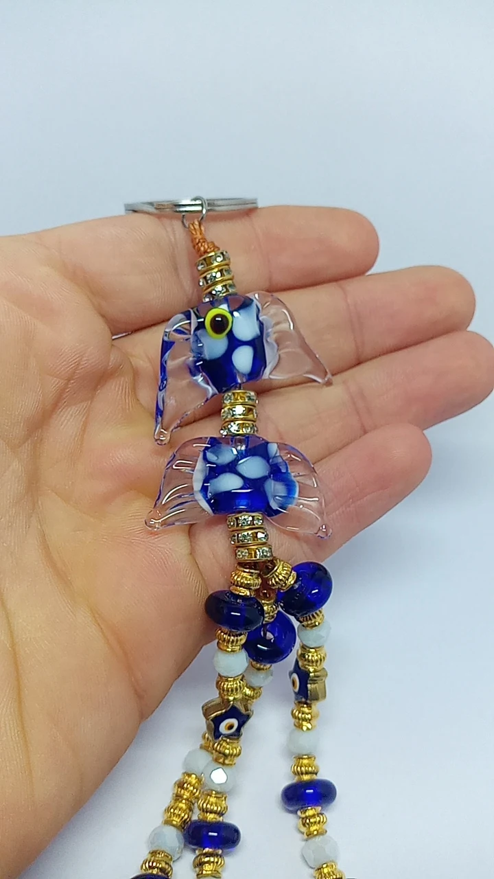

SPECIAL HANDMADE 16 cm Key Chain With Evil Eye Bead Fish Model n Crystal Glass And Murano Glass