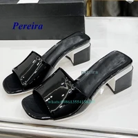 2022 summer new slippers round toe chunky heel slippers patent leather candy color shoes party women shoes outside big size sexy