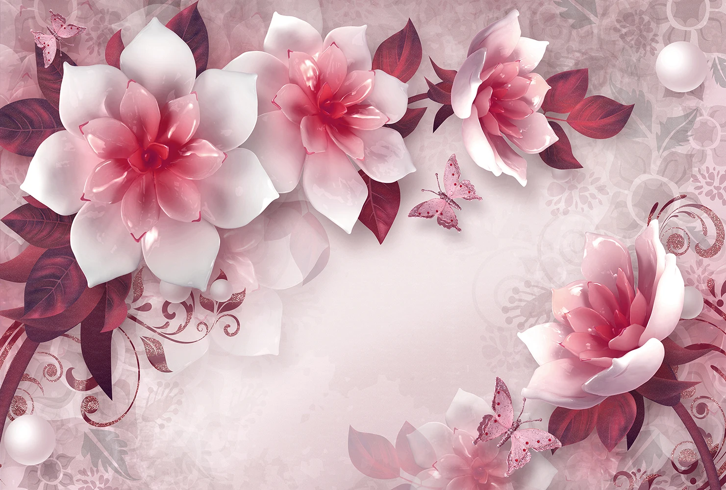Wall mural category three-dimensional art. T-205 pink ceramic flowers 3d wallpaper for walls Photo decorative vinyl wallpapers home decor room