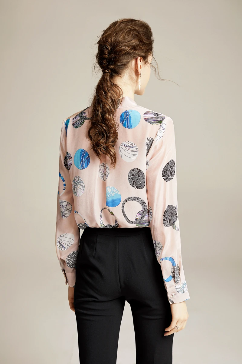 100% Pure Silk Women's Runway Shirts Bow Collar Long Sleeves Printed Elegant Spring Summer Casual Fashion Blouse Tops Shirt | Женская