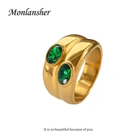 monlansher hyperbloe gold silver color wide double layer zircon rings stainless steel white green black cz stone rings chunky