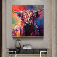 abstract doodle watercolor highland cow wall art canvas painting yak poster print as a modern living room home decoration