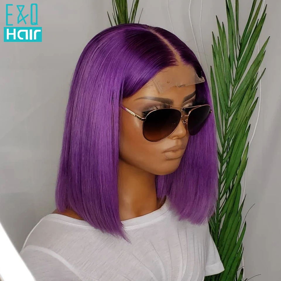 

Purple Short Bob Wig Pre Plucked Hairline 613 Blonde Blue Short Bob Human Hair Wigs For Women Lace Front Straight HD Wig 180%