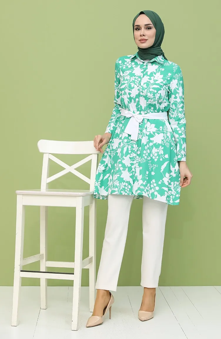 

Belted Patterned Tunic Cotton Fabric Buttons Unlined Shirt Collar Seasonal Long Sleeve Stylish Comfortable Casual Muslim Fashion