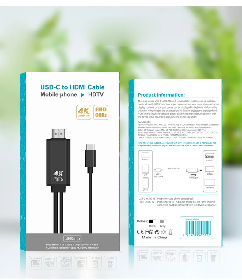 

TYPE-C to HDMI-Compatible 4K 60HZ HDTV Cable USB C Video Cable 1.8M