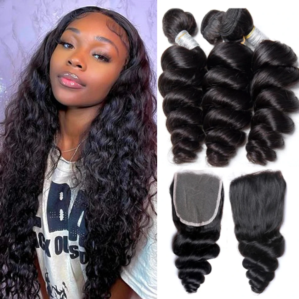 

12A Loose Wave Bundles With 4x4 Lace Closure Malaysian Loose Deep Bundles With Top Lace Closure 100% Human Hair Weave Extension