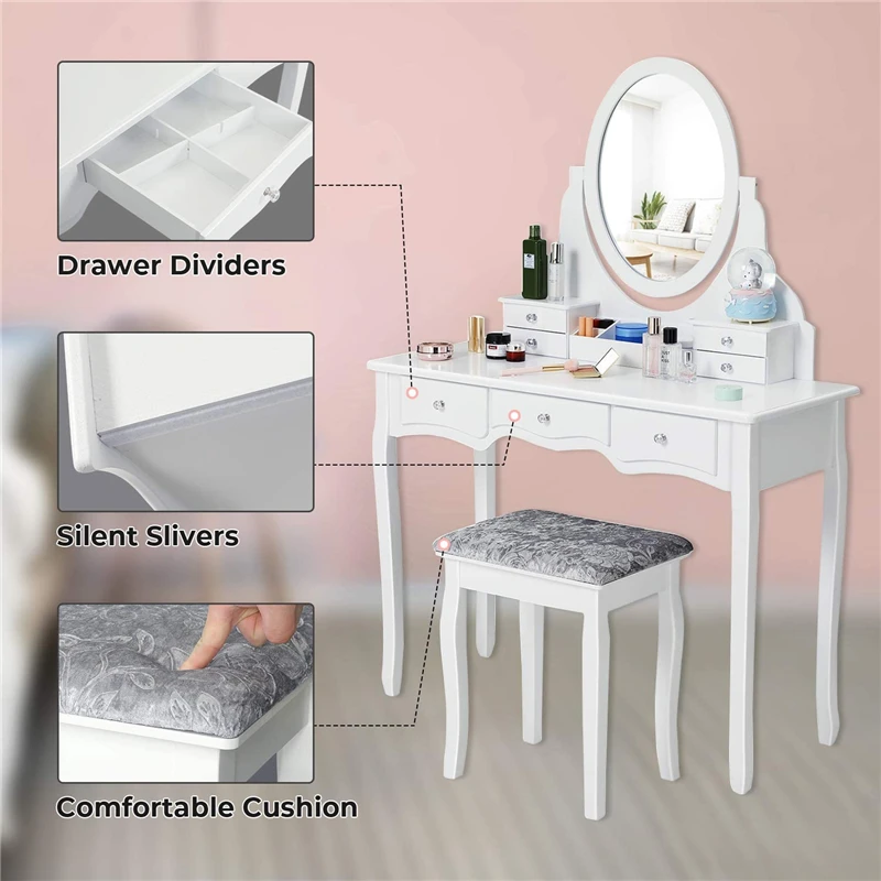 Набор туалетного столика с 7 ящиками и 1 подвижным ящиком для хранения деревянный