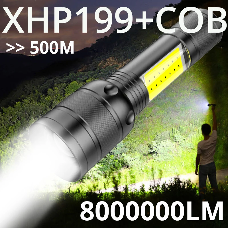 

8000000LM XHP199 сильный светодиодный светильник для вспышки USB зарядка Тактический светильник COB Рабочая Лампа 500 м 18650 для аварийного ночного рыба...