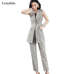 Lenshin комплект из 2 предметов, клетчатый брючный костюм, женский мягкий и удобный жилет без рукавов и брюки, деловая Женская одежда для офиса