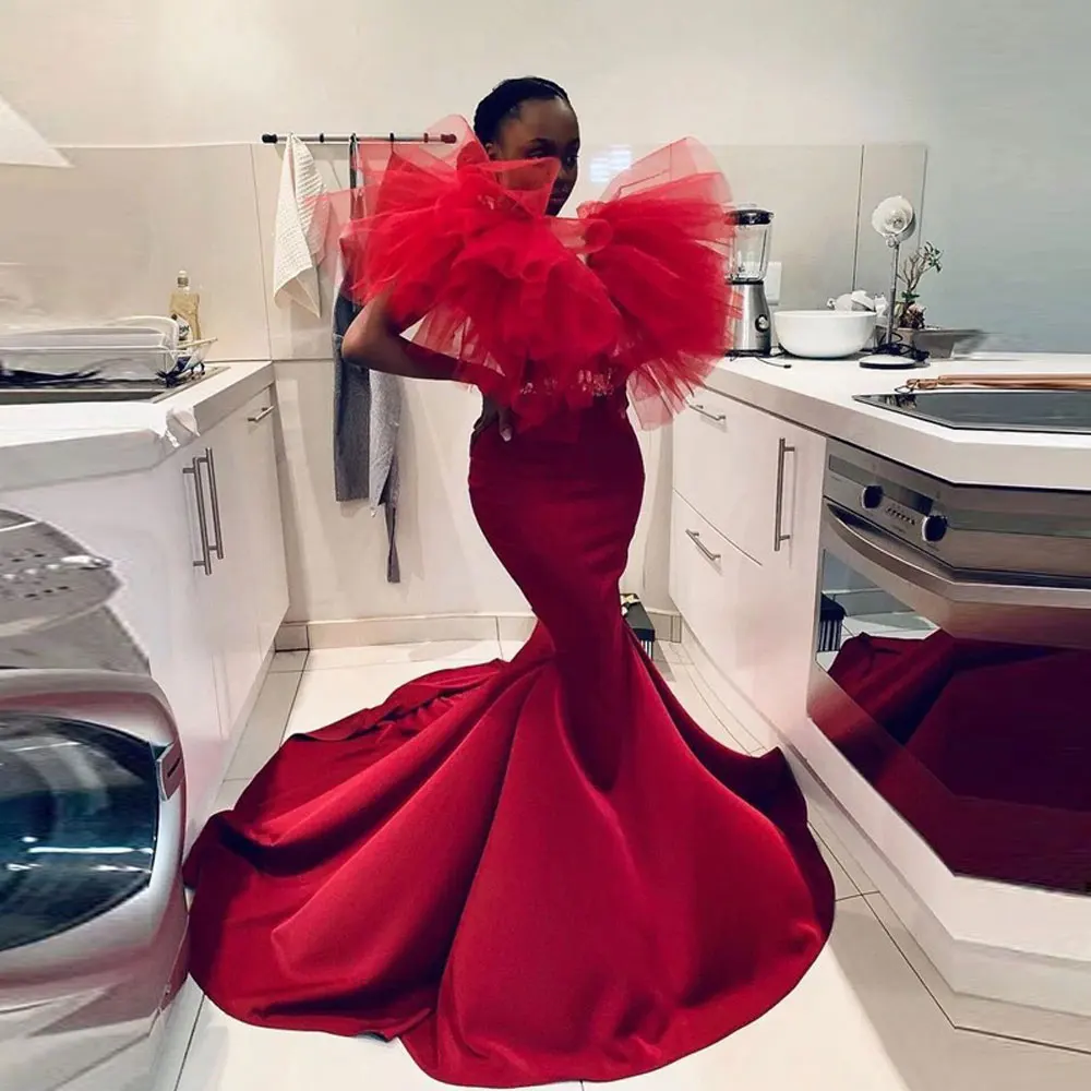 Темно-красные платья-русалки для выпускного вечера из двух частей тюлевые
