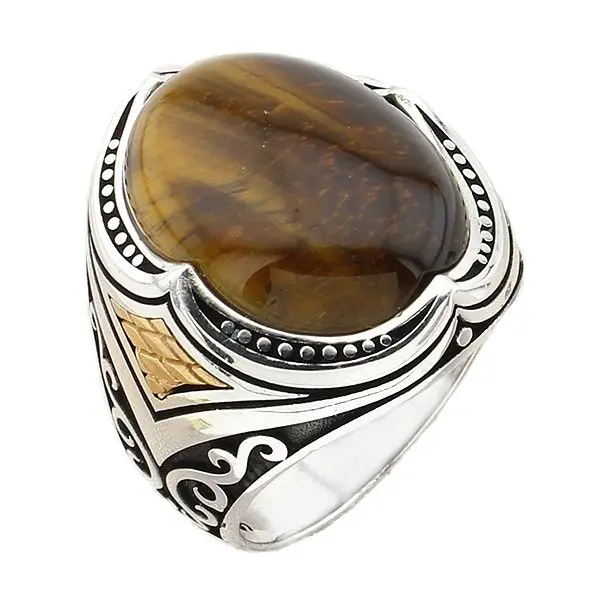 

925 Sterling Silver Men's Ring with Oval Brown Tiger Eye Gemstone with Authentic Design Jewelry Gift for Friend for Boyfriend