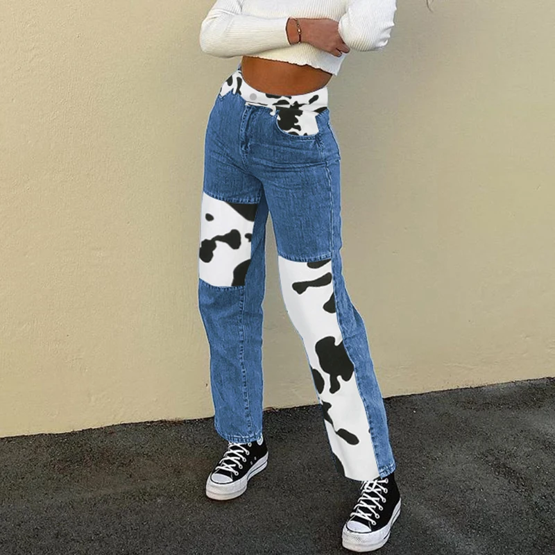 

y2k Patchwork Cow Print Jeans Women Casual High Waisted Straight Pants Capris Harajuku 90s Blue Long Trousers Ladies Streetwear