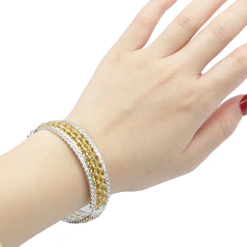 

65x15mm New Statement 27g Created Golden Citrine White CZ For Women Dating Silver Bangle Bracelet perimeter 7.5inch