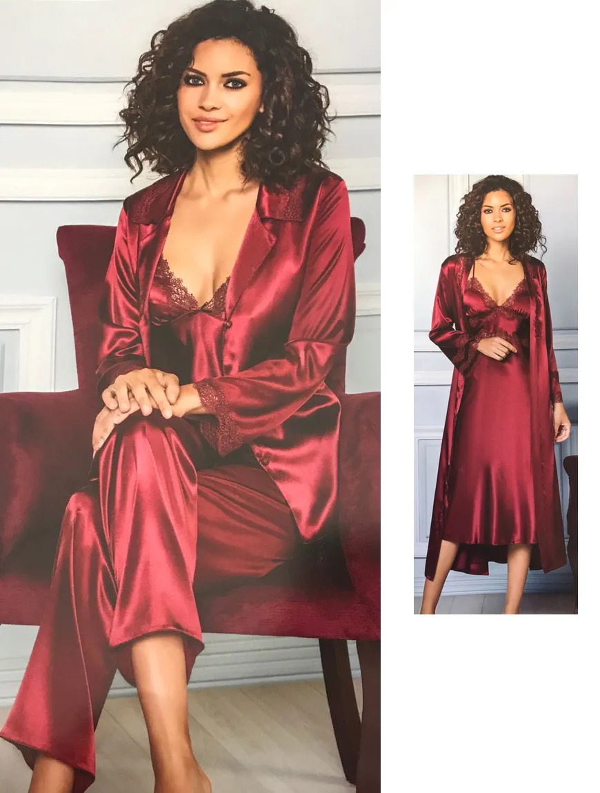 Женская ночная рубашка халат пижамный комплект шелковое атласное кружевное