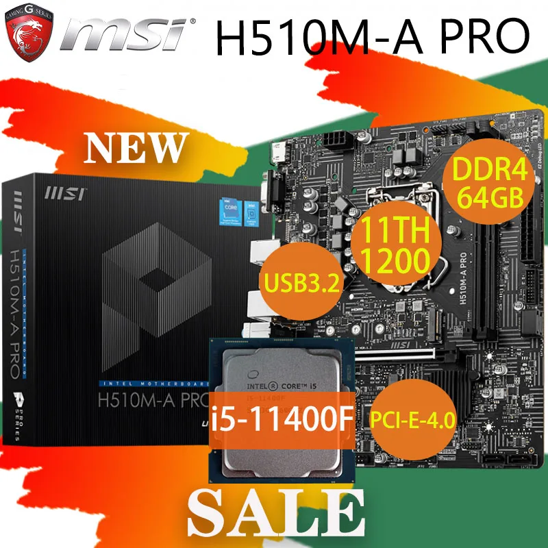 

Материнская плата MSI H510M-A PRO + процессор Intel Core i5 11400F LGA1200 DDR4 64 Гб 3200 МГц M.2 PCI-E 4,0 Новый настольный компьютер H510