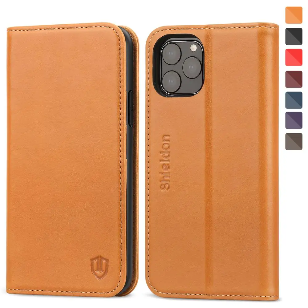 Brown SHIELDON Чехол-бумажник для iPhone 11 Pro 5," Натуральная кожаные с отделениями для карт с подставкой и магнитной застежкой с функцией блокировки Rfid чехол - Цвет: Brown