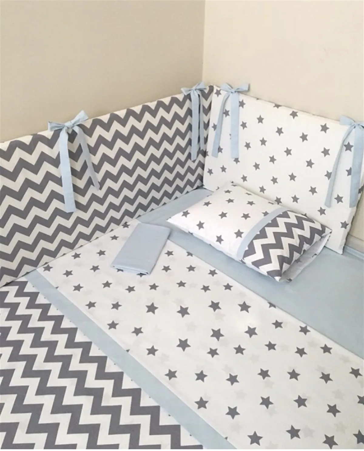 Jaju Baby Handmade, Gray Zigzag Blue Design Baby Duvet Cover Set and Edge Protection, Baby Duvet Cover, Baby Bed Sheet