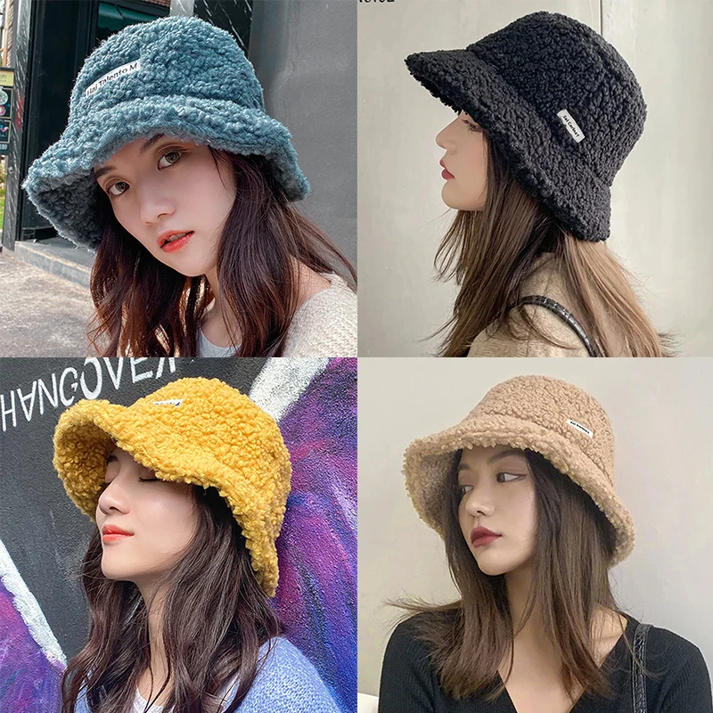 

Vintage Bucket Hat Women Winter Faux Fur Wool Fleece Soft Warm Girl Cute Fashion High Street Trendy Classic Cloche Fisherman Cap