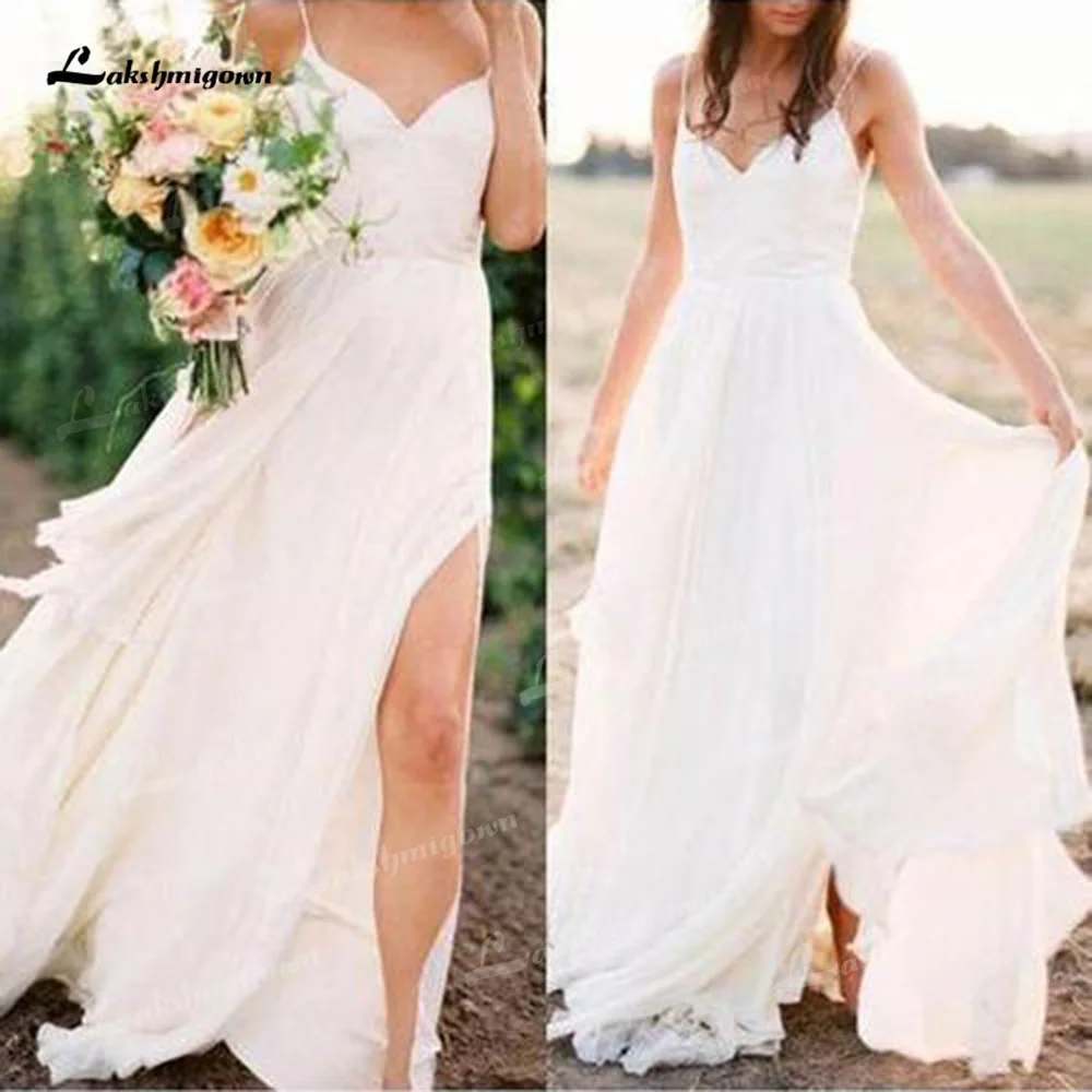 

Charming Chiffon A-Line Wedding Dresses Sweetheart Neck Sleeveless Side Split Sweep/Brush Train Bride Gowns Spaghetti Straps