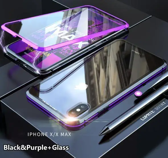 Purple Black Магнитная Адсорбция прозрачная пленка из закаленного Стекло два боковых Стекло крышка чехол для iPhone X XS макс 7 8 Plus - Цвет: Purple Black