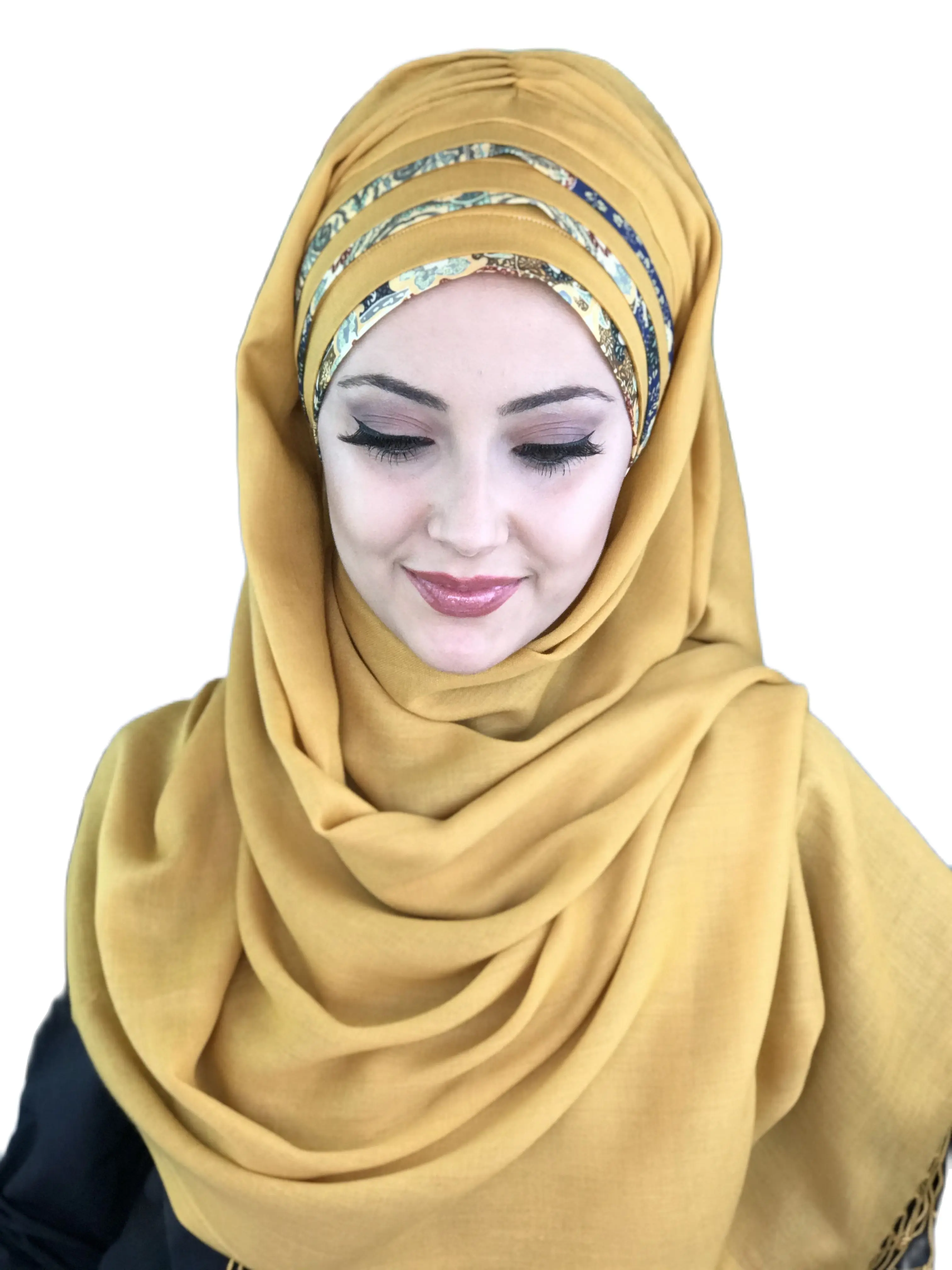 

Yeni Moda Tesettür Kadın 2021 Müslüman İslam Elbise Şapka Fular Türban Şifon Dökümlü Hazır Hardal Sarı Şal