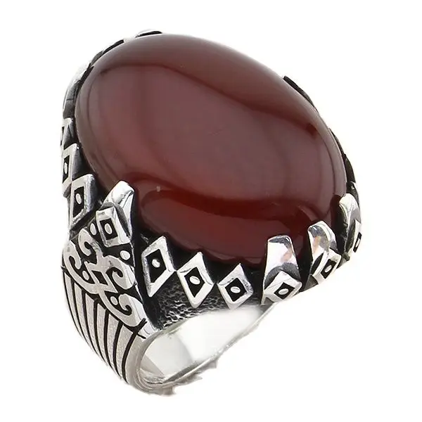 

Anatolian Motif Sterling Silver Men's Ring with Oval Red Agate Natural Stone Jewelry Christmas Present for Family and Friends