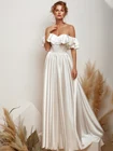 Свадебное платье с открытыми плечами, винтажное ТРАПЕЦИЕВИДНОЕ, на шнуровке, с бисером, атласная с рюшами, 2021, Элегантное свадебное платье, размера плюс