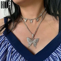 hip 2pcs kit layered butterfly necklace pendants tennis chain set luxury rhinestones choker for women jewelry
