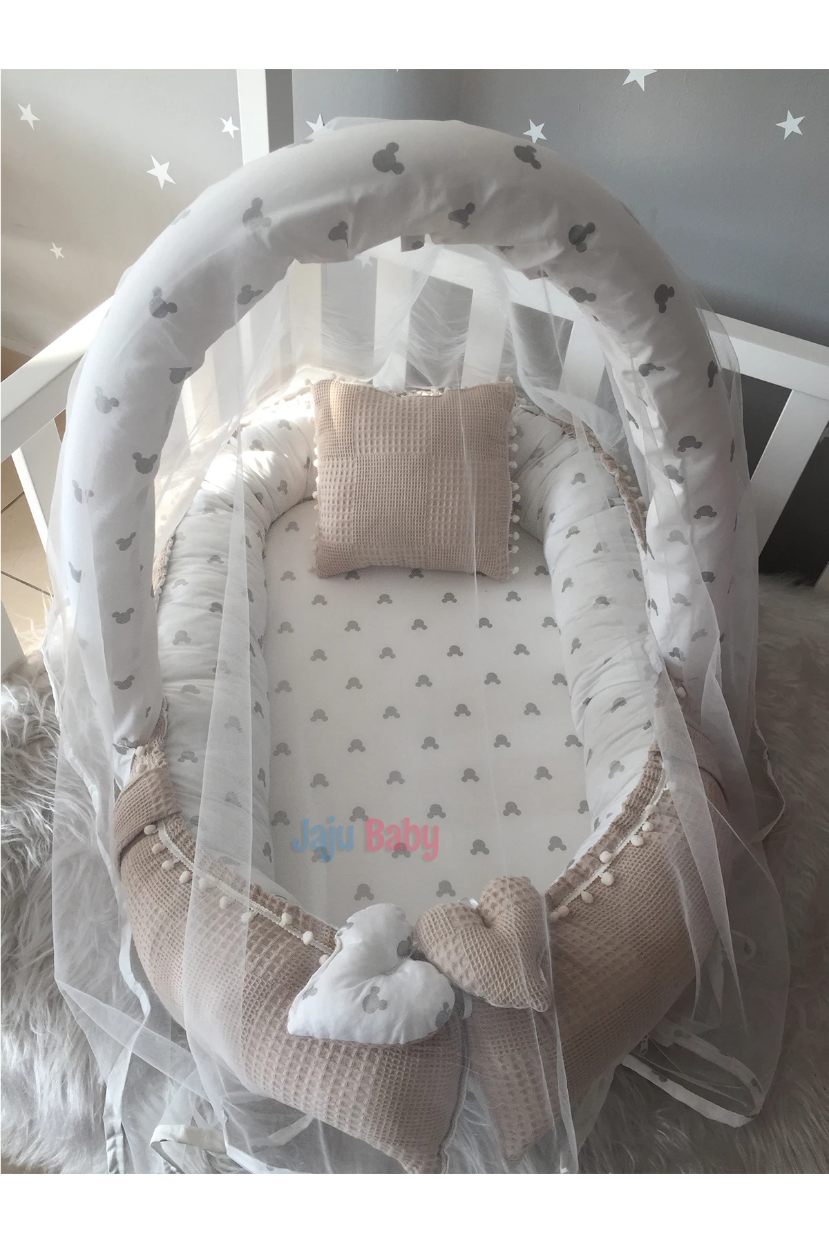 Jaju Baby Handmade Brown Waffle Piqué Fabric and Mouse Design Fabric Pompon Babynest Mosquito Net and Toy Apparatus Portable