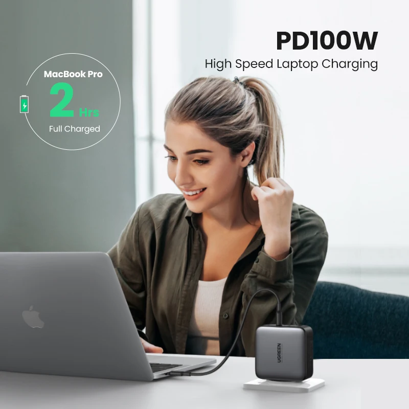 UGREEN-cargador USB tipo C GaN de 100W, dispositivo de carga r&aacute;pida para Macbook, tablet, iPhone, Xiaomi, iPhone 13, 12, 11-2