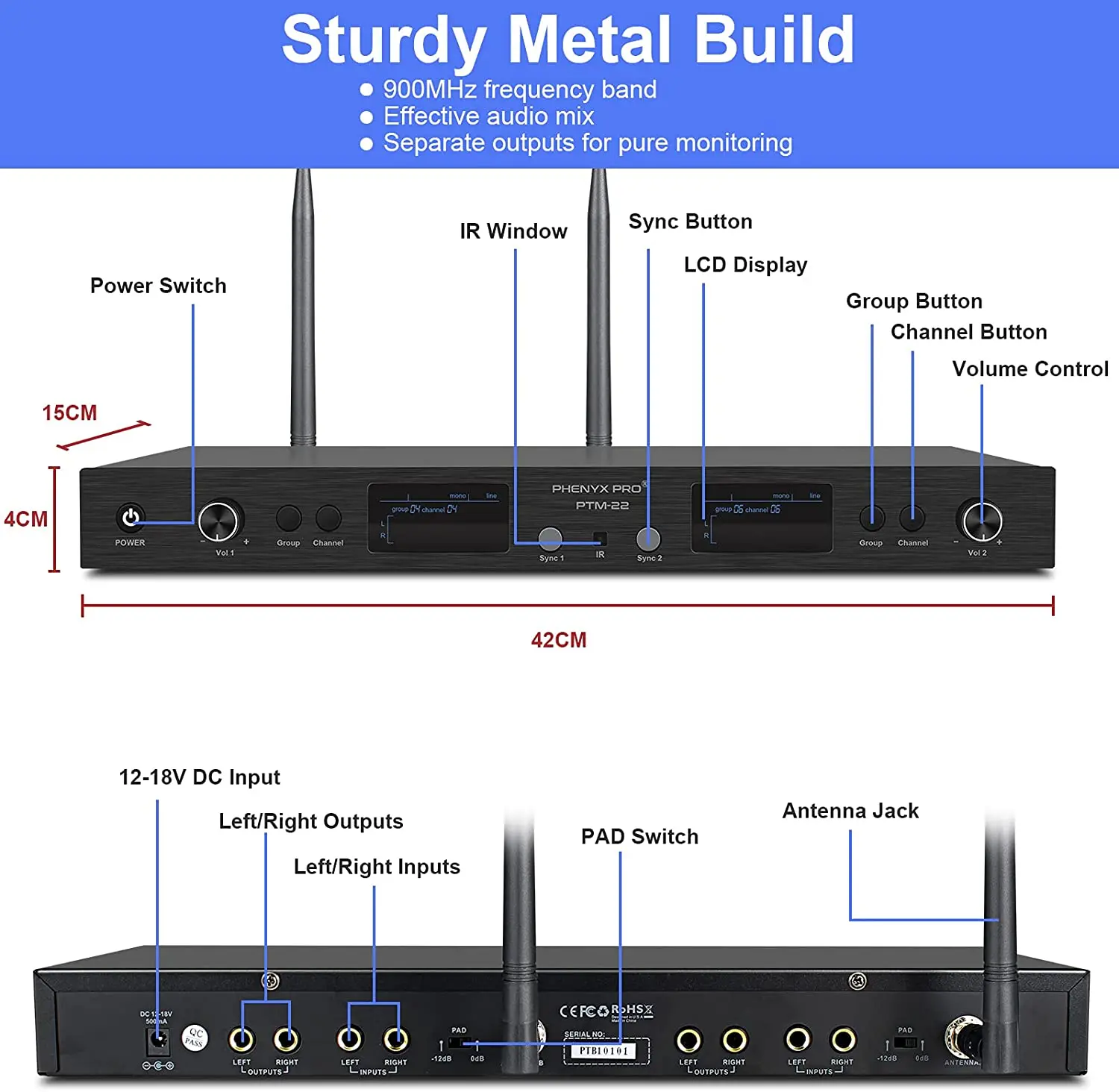Phenyx Pro PTM-22 UHF Mono Dual Wireless Inear Monitor System с набором для крепления в стойке (500 МГц)