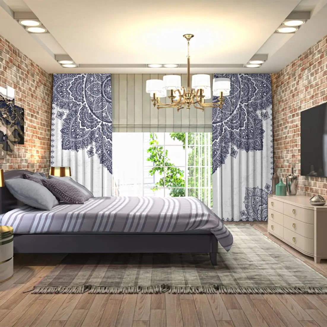 Занавес цветочный орнамент Этническая Мандала хна стиль синий и белый винтажный